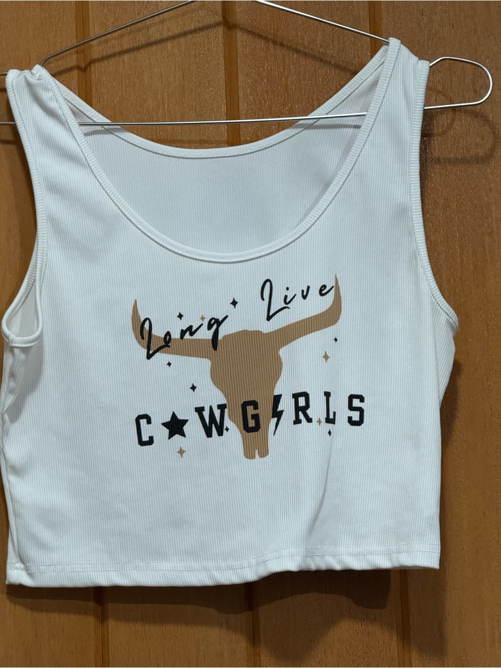 Cowgirls Graphic White Ribbed Crop Tank Pit 17-21, L 16 stretch!
